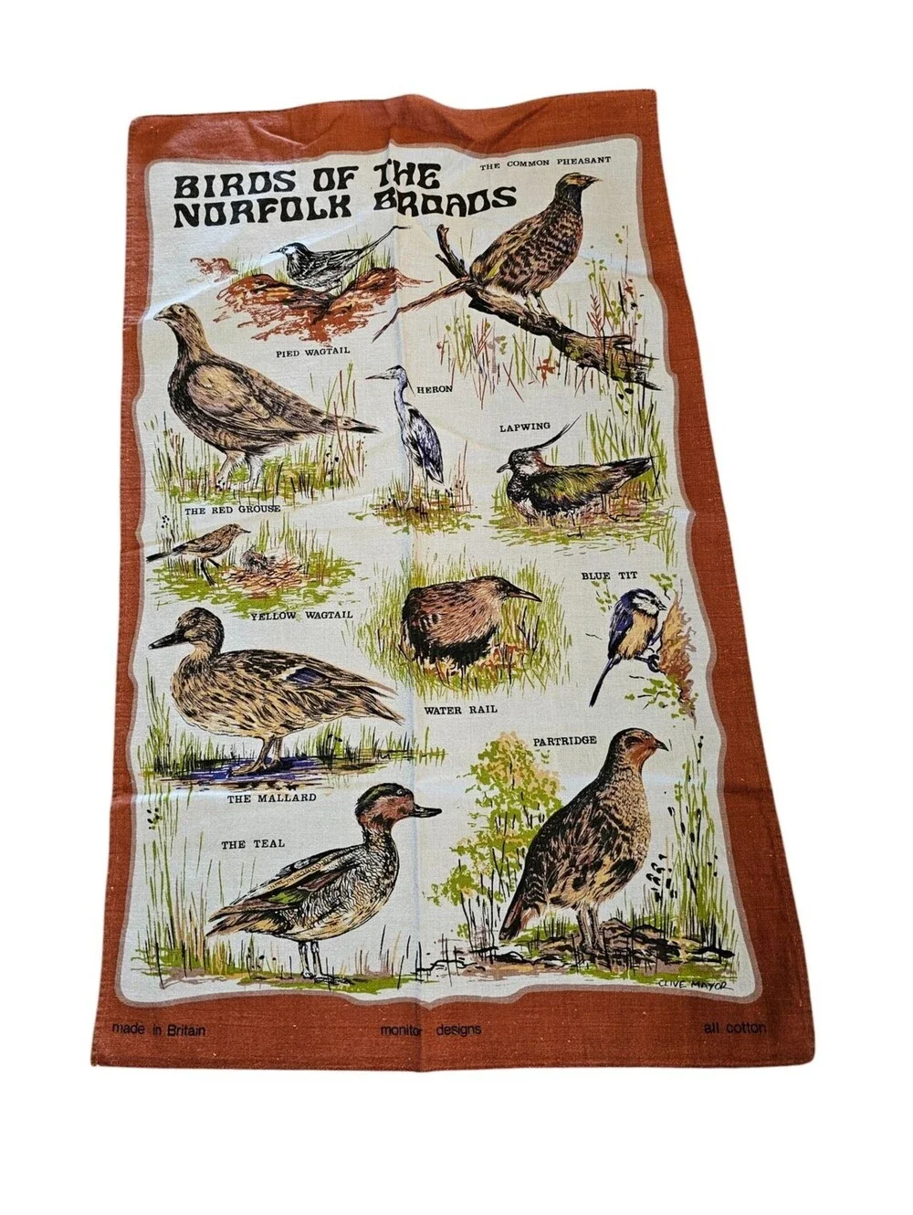 Vintage Birds of the Norfolk All Cotton Dish Tea Towel Britain
